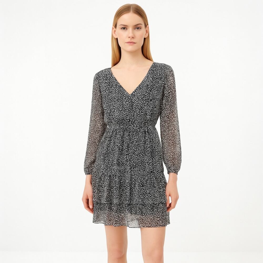 NEW Molly Bracken Black White Printed Long Sleeve Tiered A Line Mini Dress Sz S